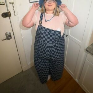 Stylish Checkered Blue Women's Overalls